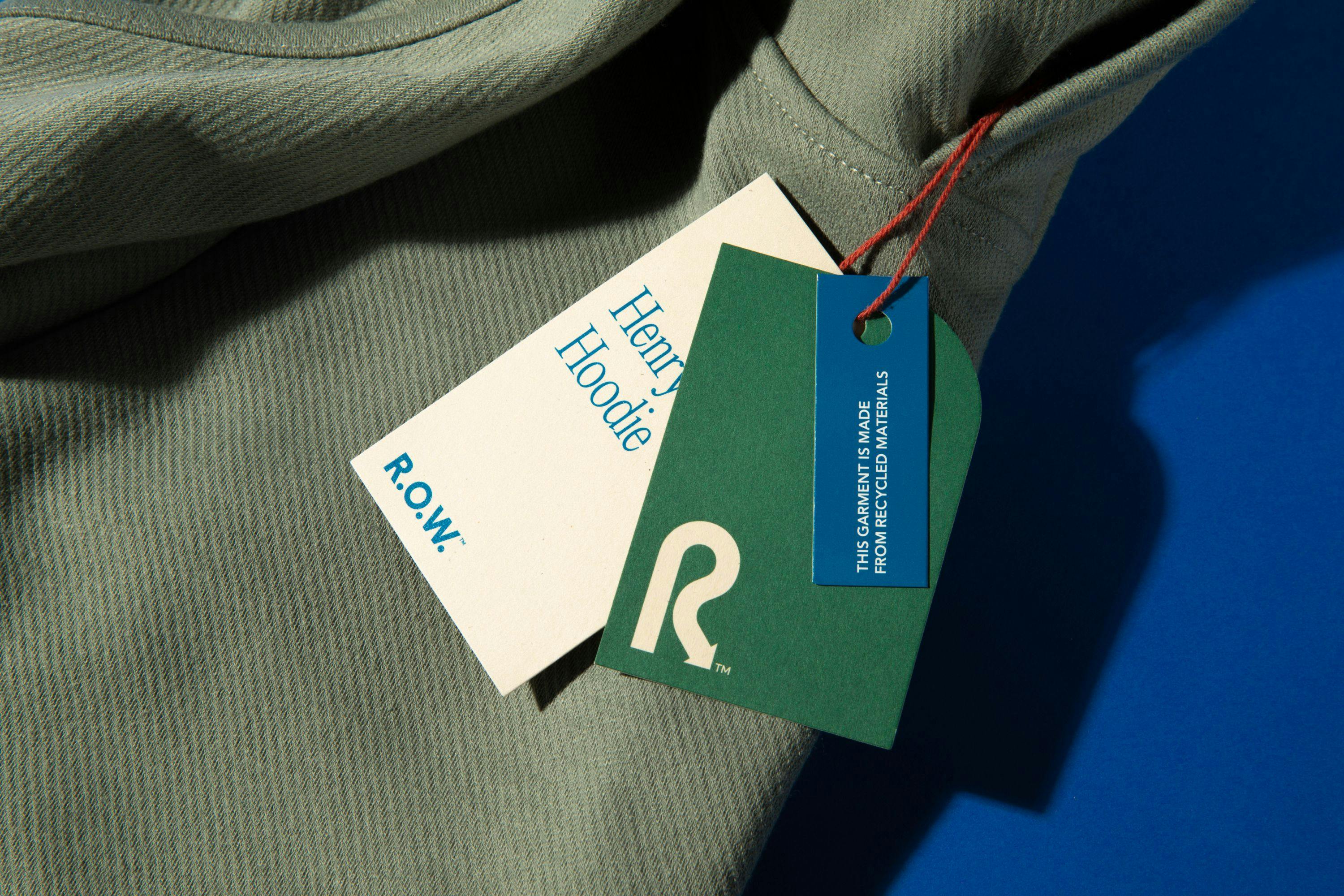 Green hoodie with white, blue, and green product tags