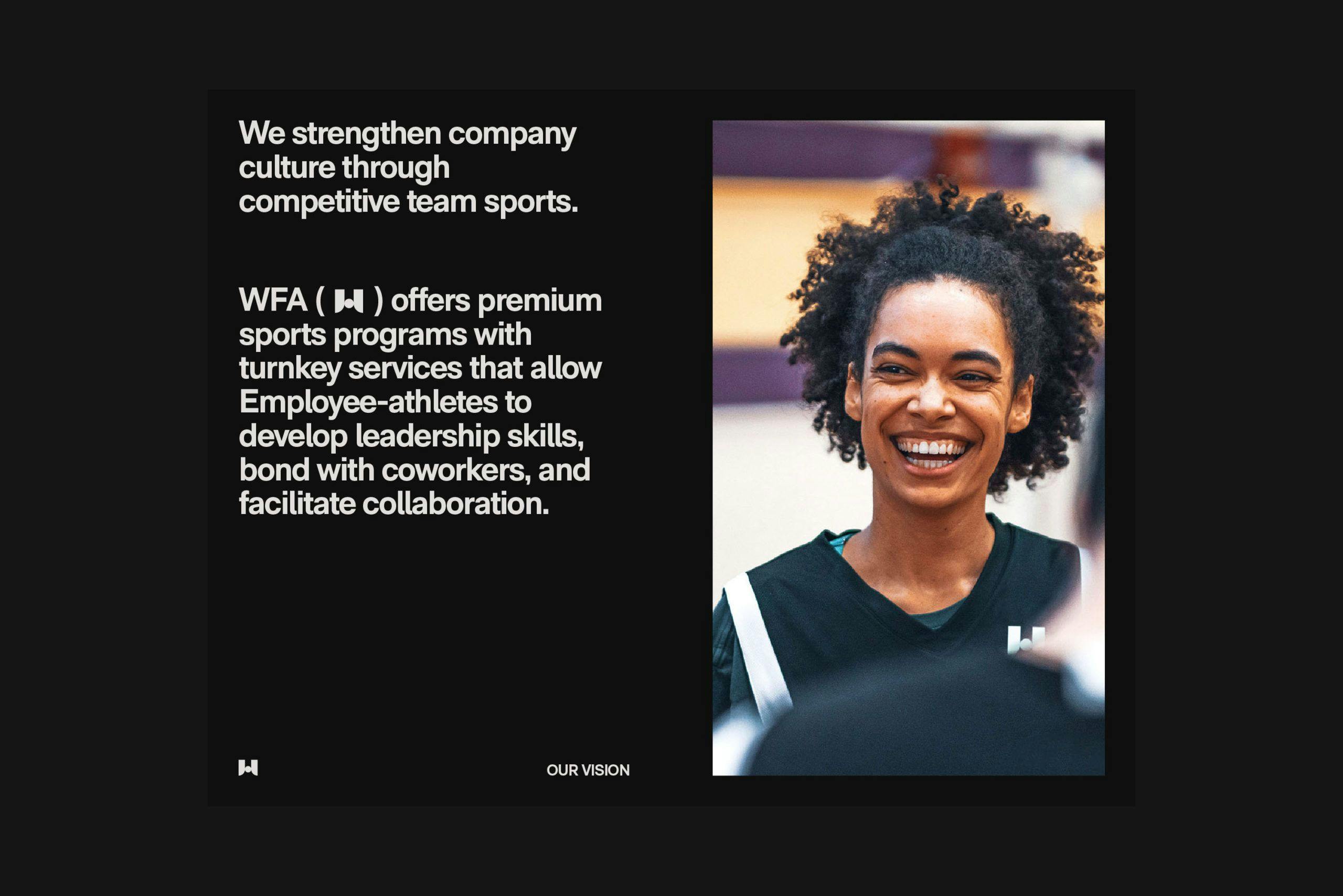 Photo of a basketball player smiling next to a statement mentioning the goal of WFA