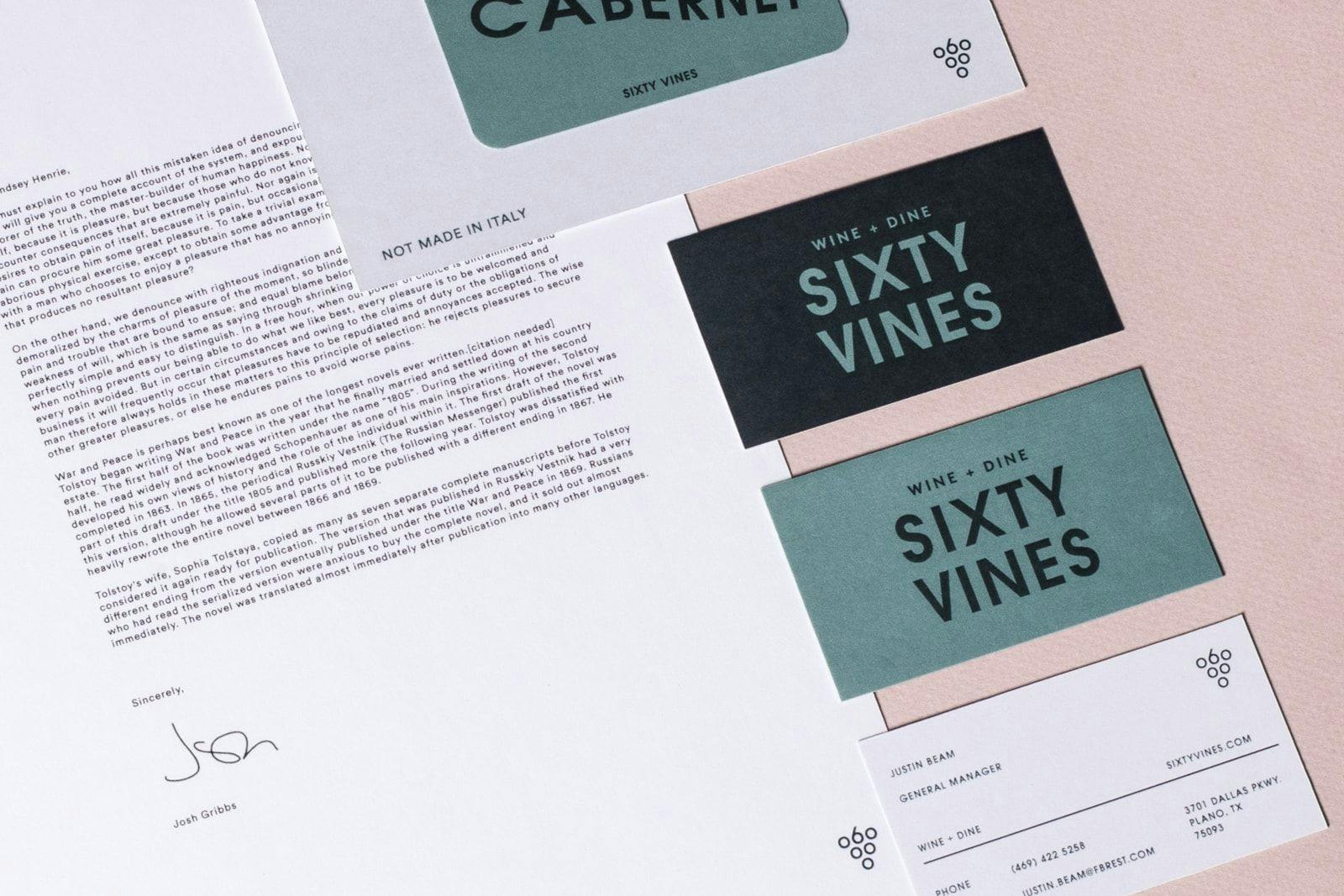 Document and business cards for Sixty Vines