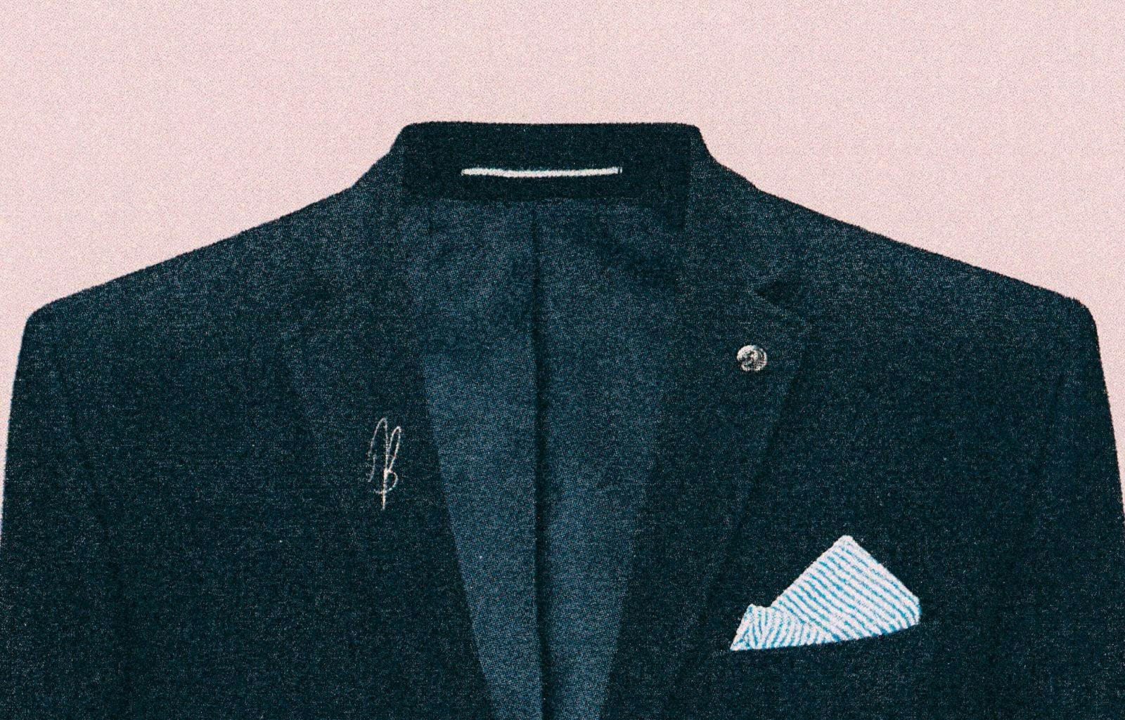 Suit with the letter B on it against a pink background