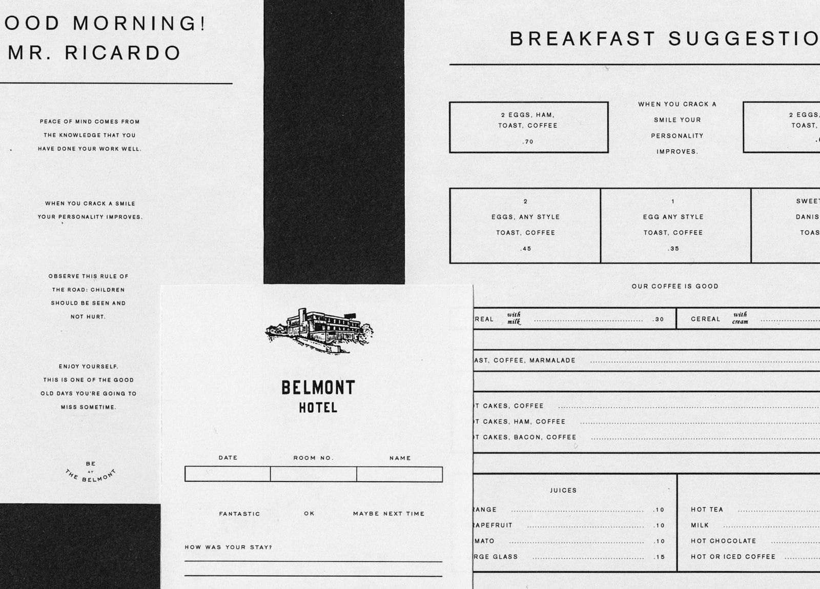 Review form and breakfast menu for Belmont Hotel