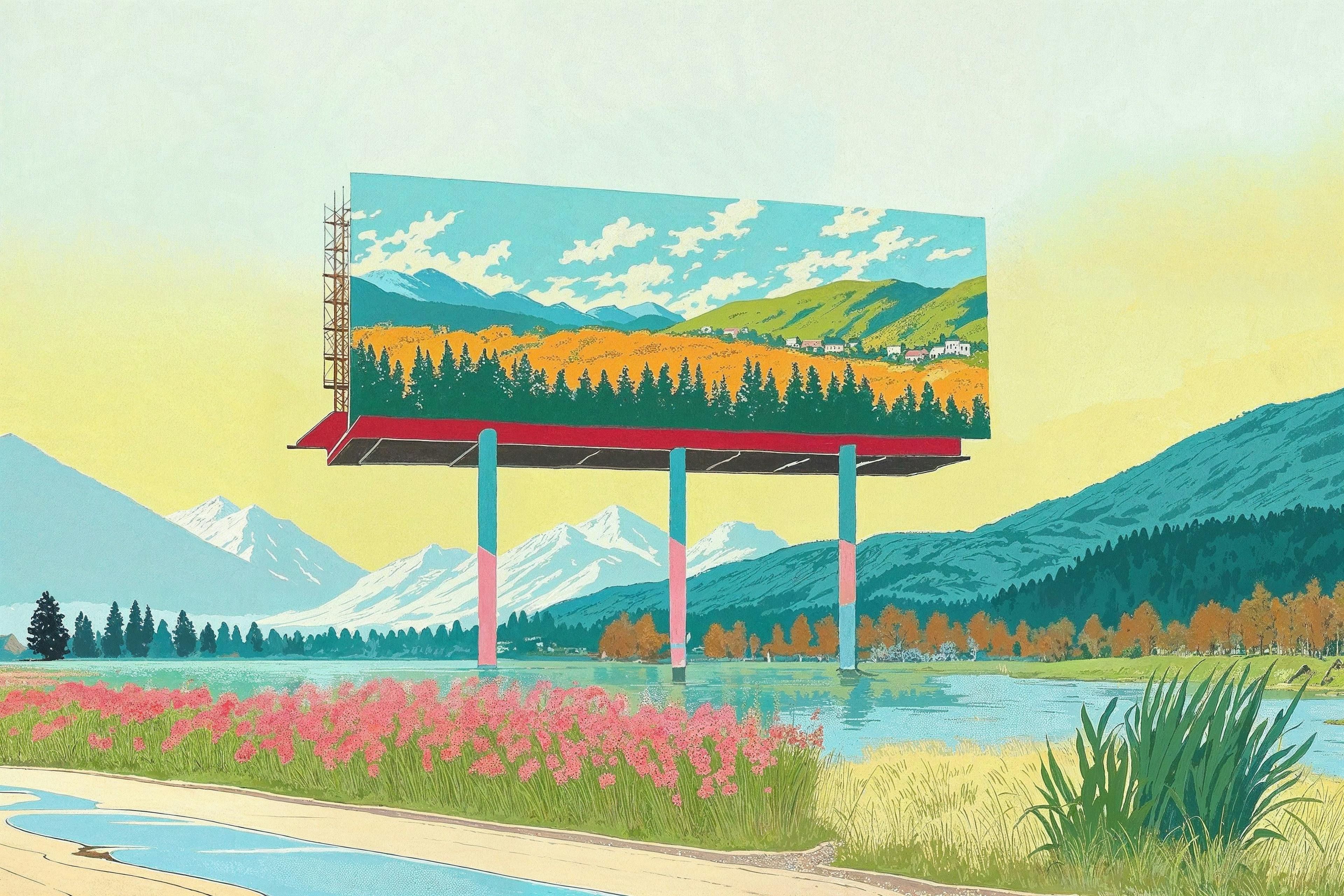 Illustration of a Billboard in a Scenic Mountain Area