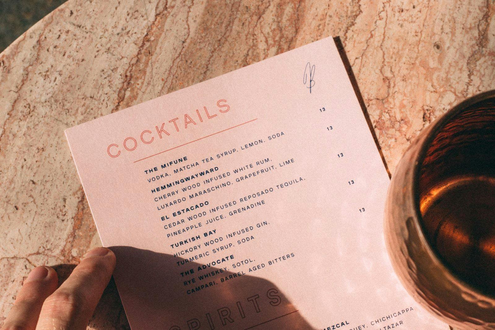 Pink cocktails menu for the Belmont Hotel