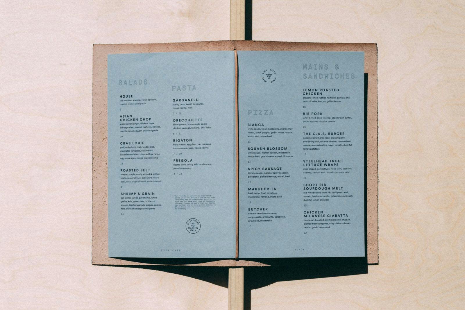 A look at the inside of the Sixty Vines menu 